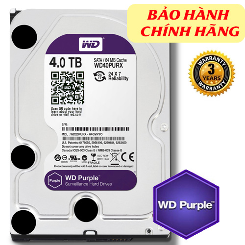 HDD  Western Purple 4TB dòng ổ cứng chuyên dụng cho camera, ghi hình liên tục 24/7 (chính hãng)