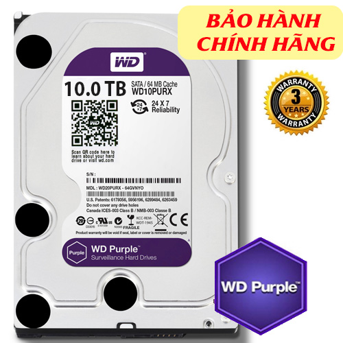 HDD Western Purple 10TB dòng ổ cứng chuyên dụng cho camera, 128MB (6Gb/s) /IntelliPower (RPM)/ SATA3), Màu tím (chính hãng)