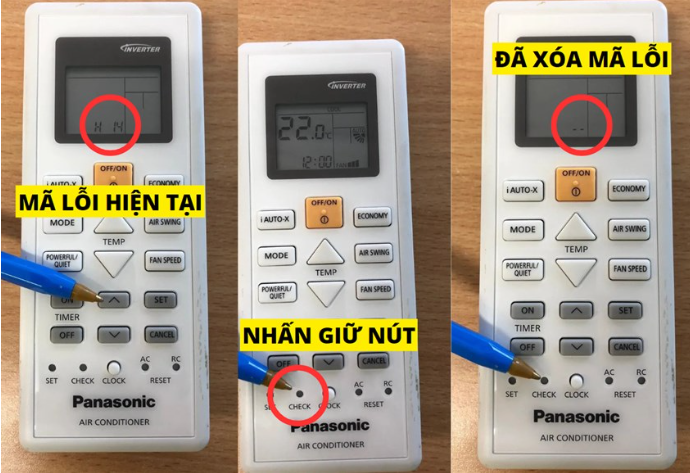Nhấn giữ nút CHECK để xóa hoàn toàn mã lỗi hiện tại ra khỏi bộ nhớ máy lạnh